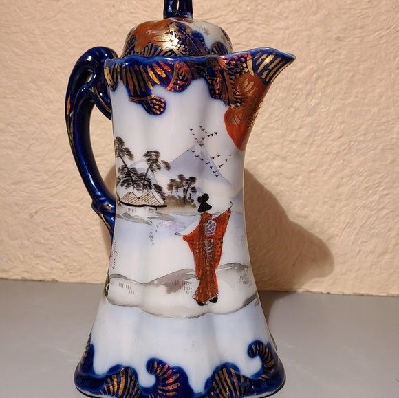 Antique Kutani Porcelain Flow Blue Chocolate Carafe - Picture 5 of 11